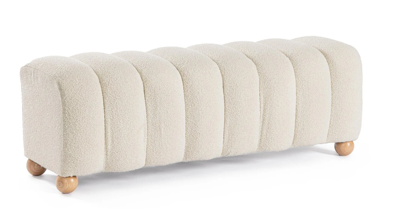Bank Zora Boucle, modern gepolstert, Weiß, 120 cm, Kautschukholz-Gestell, 2-3 Sitzplätze