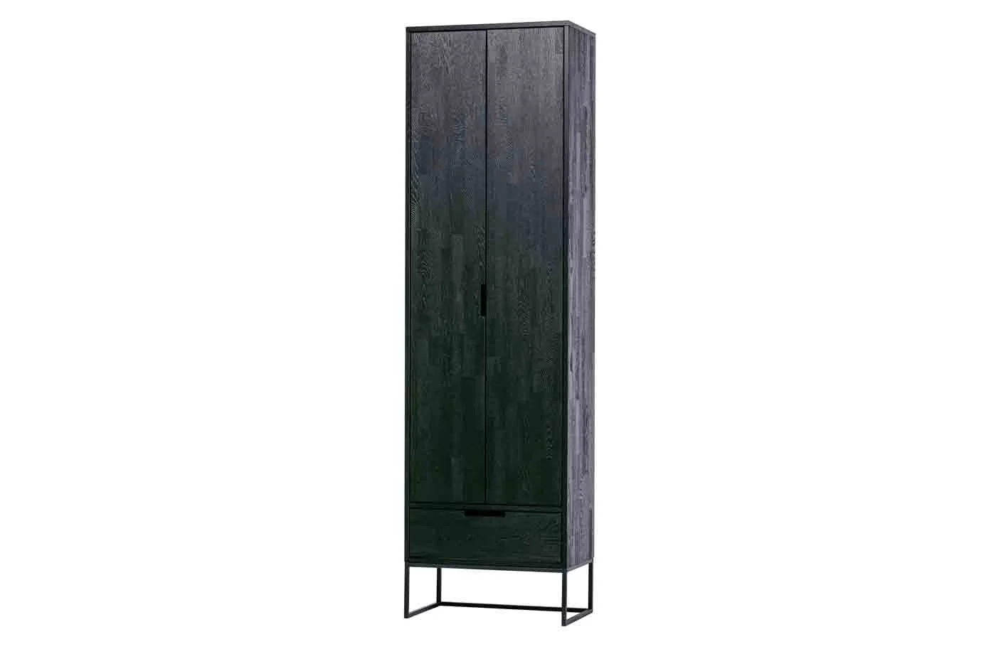 Schrank Silas schmal aus Eschenholz und Metall, modern, schwarz, mit 2 Türen und 1 Schublade - Woood