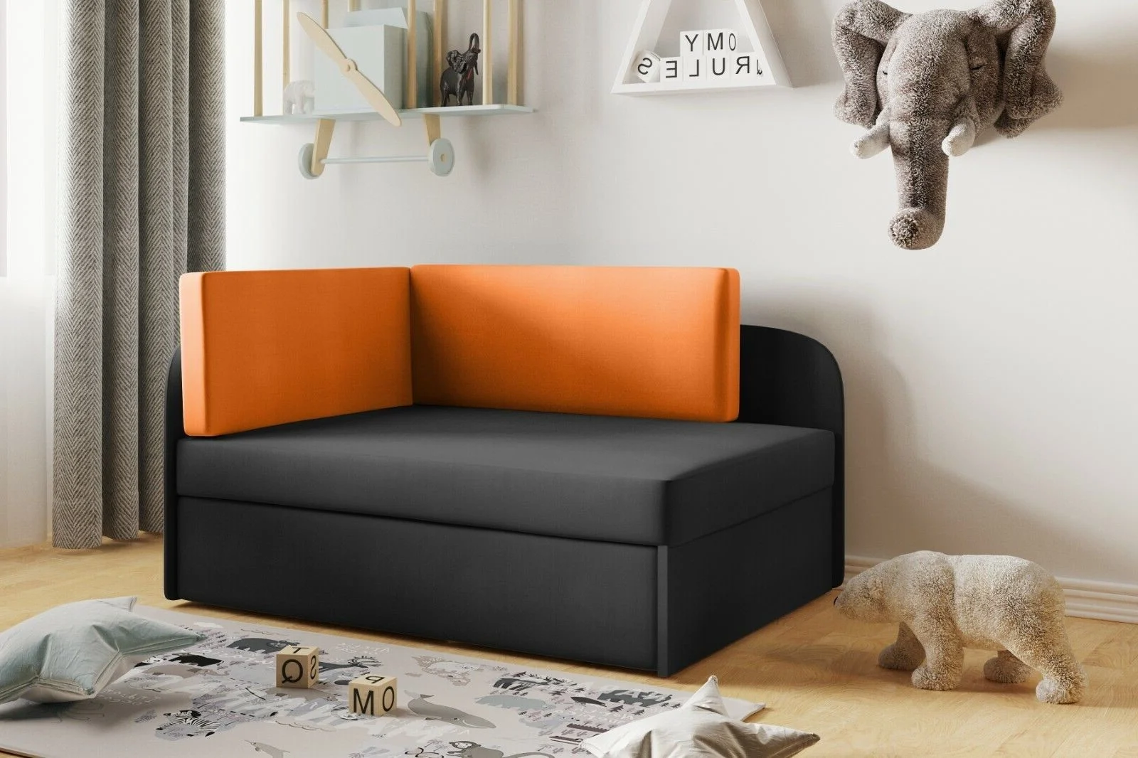 Kinderbett Kindersofa mit Schlaffunktion und Bettkasten, wachsendes Bett WINNIE Orange-Black