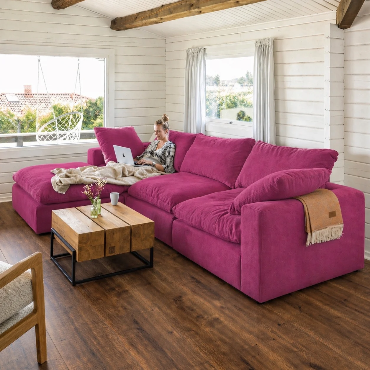 Lazy Modulsofa 3 Sitzer mit Chaiselongue Links, Stoff Shadow Fuchsia - FASMAS
