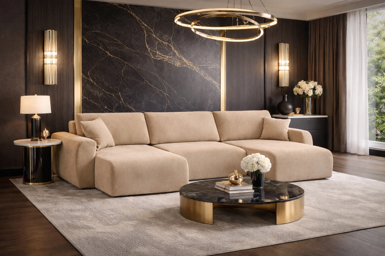 Ecksofa mit Schlaffunktion und Bettkasten, Sofa UXL-Form, Veloursstoff Salvador, Ariel
