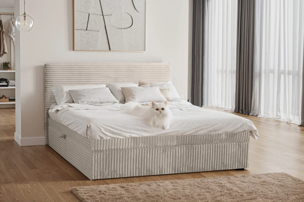 Boxspringbett mit Bettkasten und topper TRENTO, ohne Bein stoff Plüsch Cord - Betten