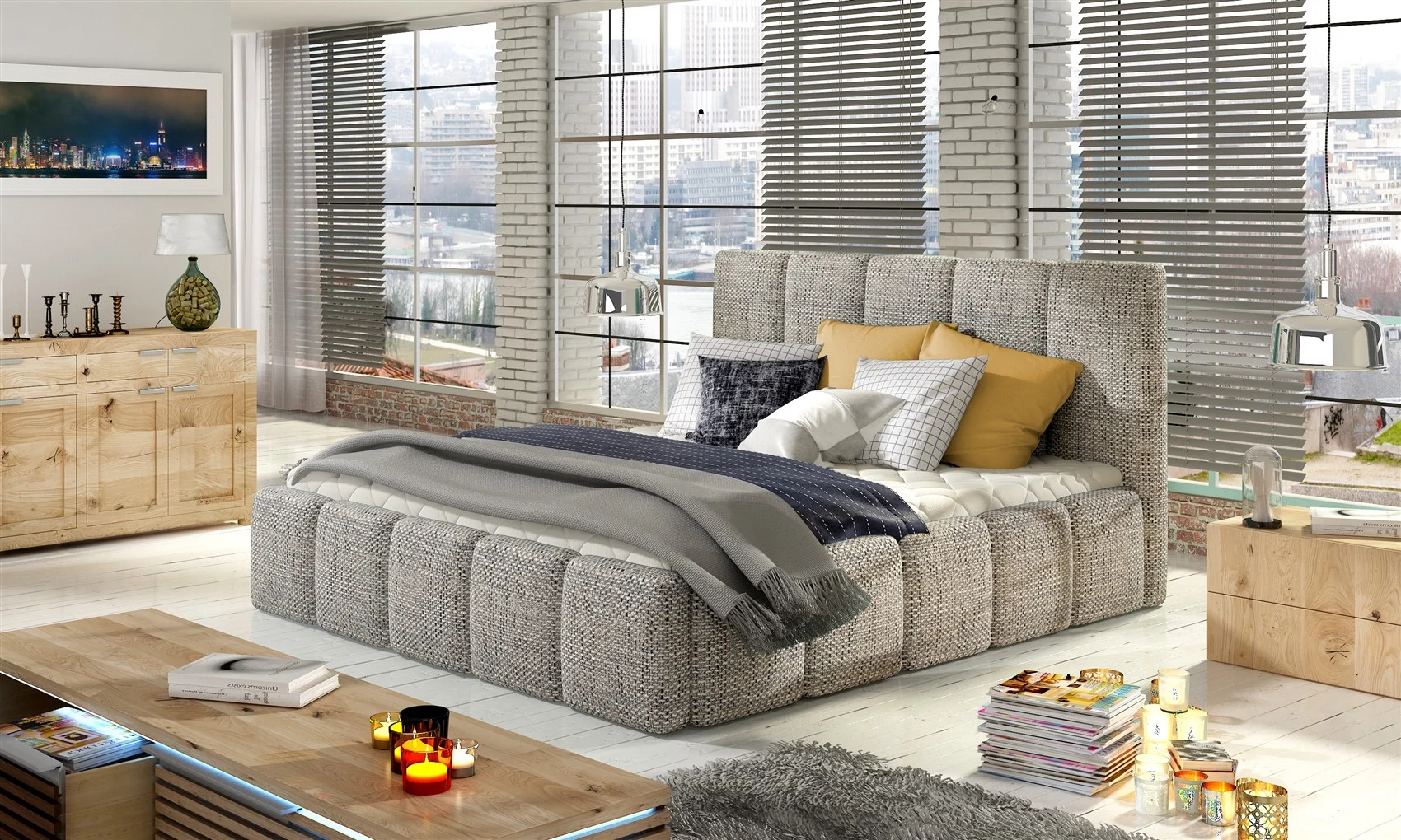 Polsterbett Bett Doppelbett VERONA Set 1 Webstoff Hellgrau 140x200cm - Fun Moebel