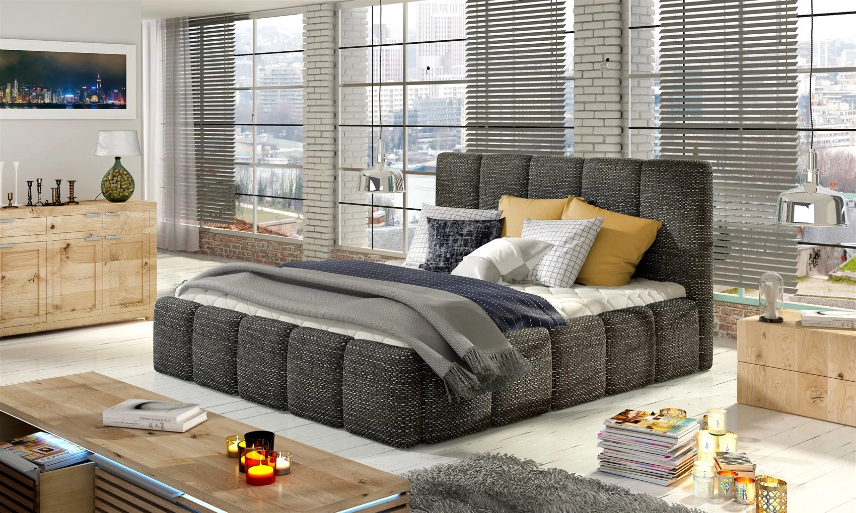 Polsterbett Doppelbett VERONA Komplettset Webstoff Grau 180x200cm - Fun Moebel