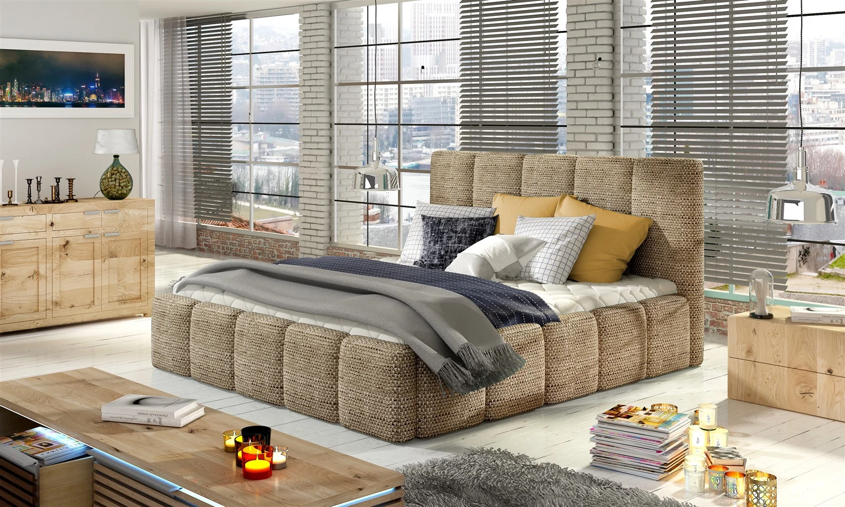 Polsterbett Bett VERONA Komplettset Webstoff Cappuccino 180x200cm - Fun Moebel