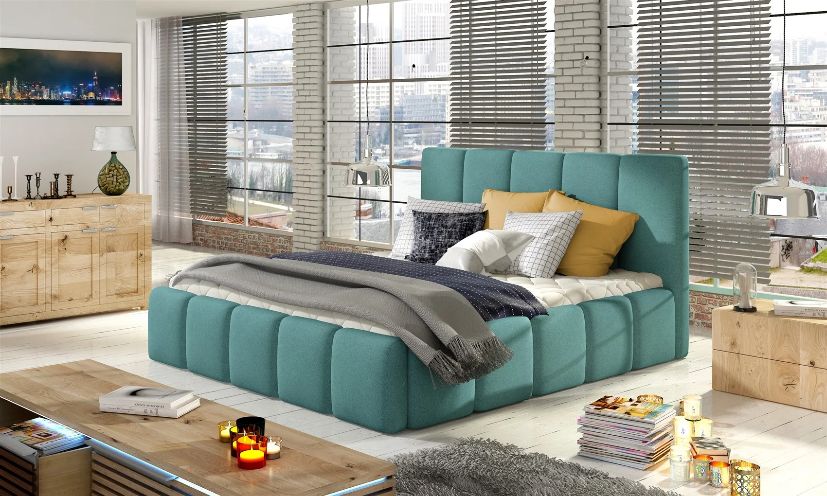 Polsterbett Bett Doppelbett VERONA Set 1 Polyesterstoff Mint 160x200cm - Fun Moebel