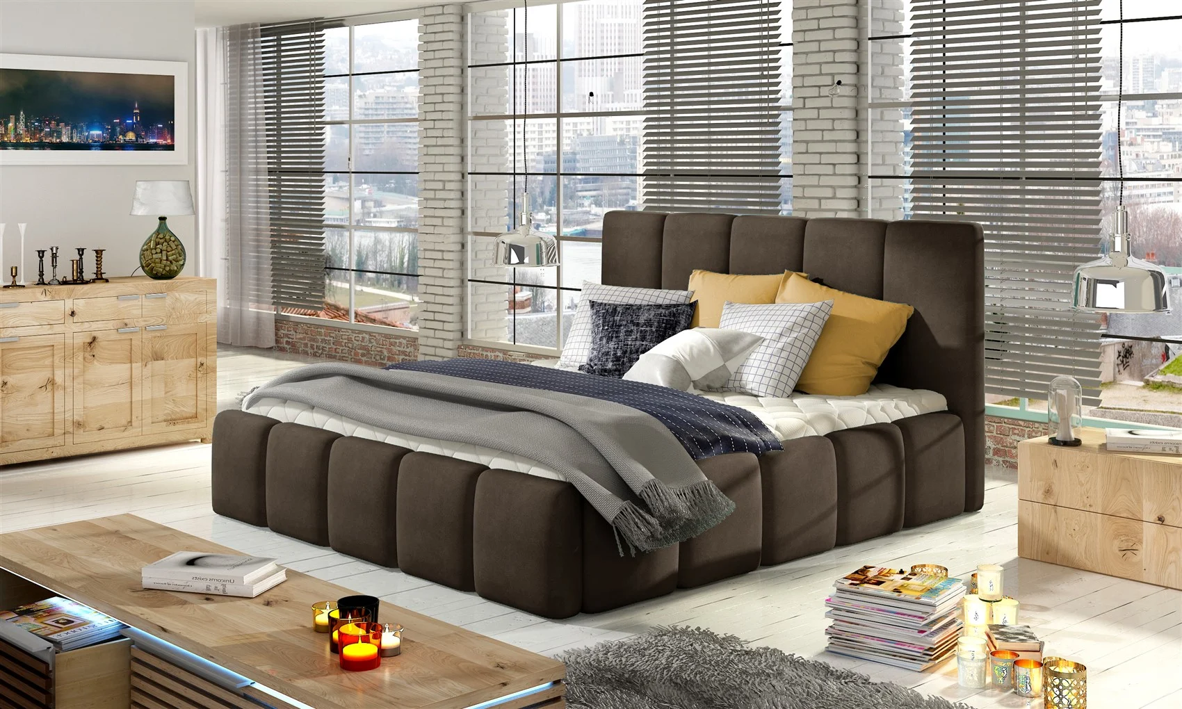 Polsterbett Bett VERONA Komplettset Polyesterstoff Braun 140x200cm - Fun Moebel
