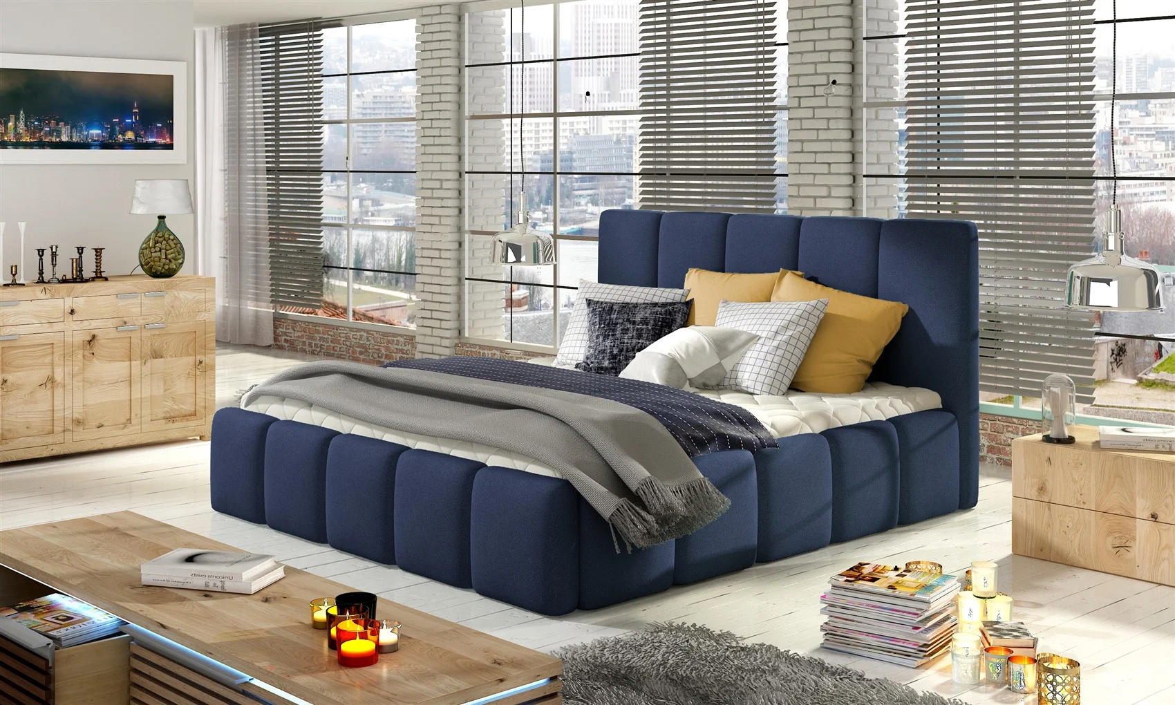 Polsterbett Bett VERONA Komplettset Polyesterstoff Dunkelblau 180x200cm - Fun Moebel