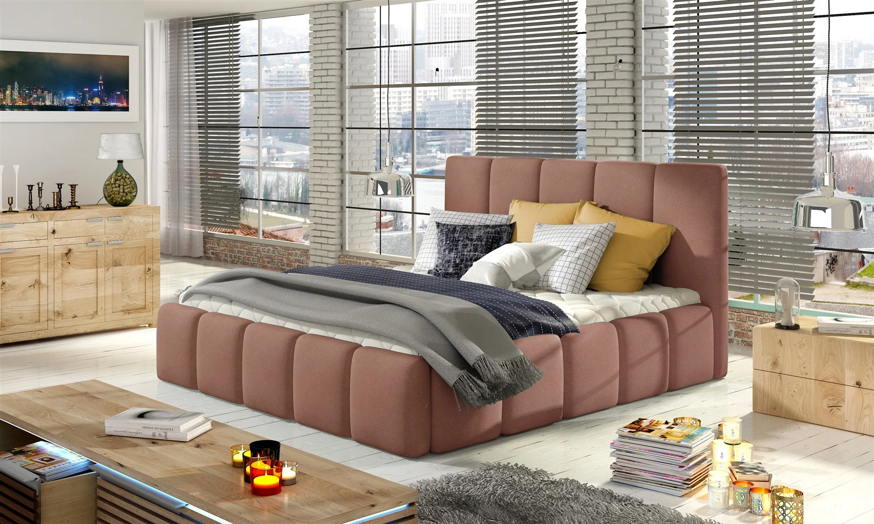 Polsterbett Doppelbett VERONA Set 1 Polyesterstoff Rose 160x200cm - Fun Moebel