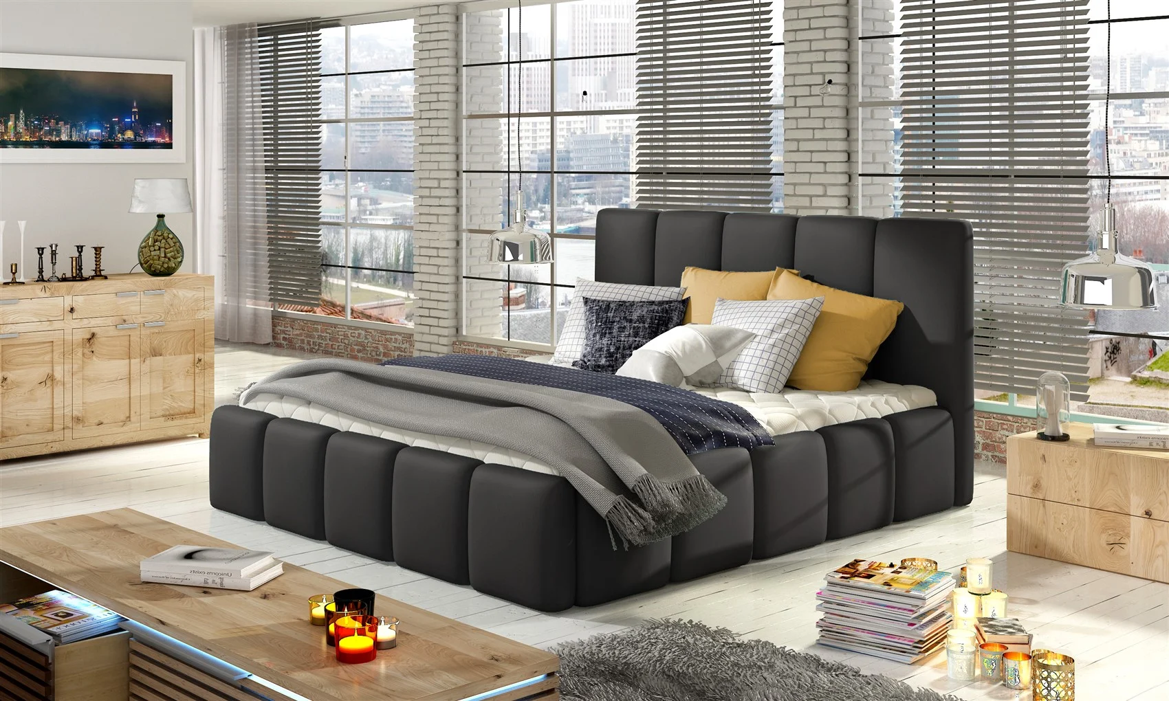 Polsterbett Doppelbett VERONA Set 1 Kunstleder Schwarz 160x200cm - Fun Moebel