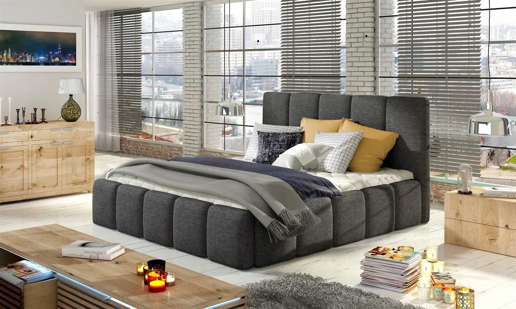 Polsterbett Doppelbett VERONA Set1 Polyesterstoff Dunkelgrau 160x200cm - Fun Moebel