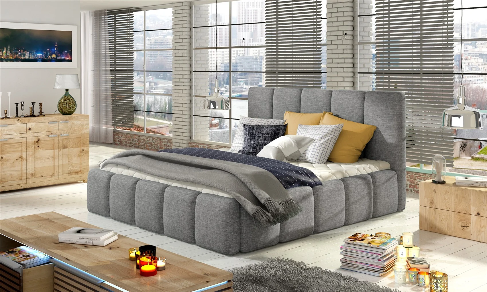 Polsterbett Doppelbett VERONA Set 1 Polyesterstoff Hellgrau 180x200cm - Fun Moebel