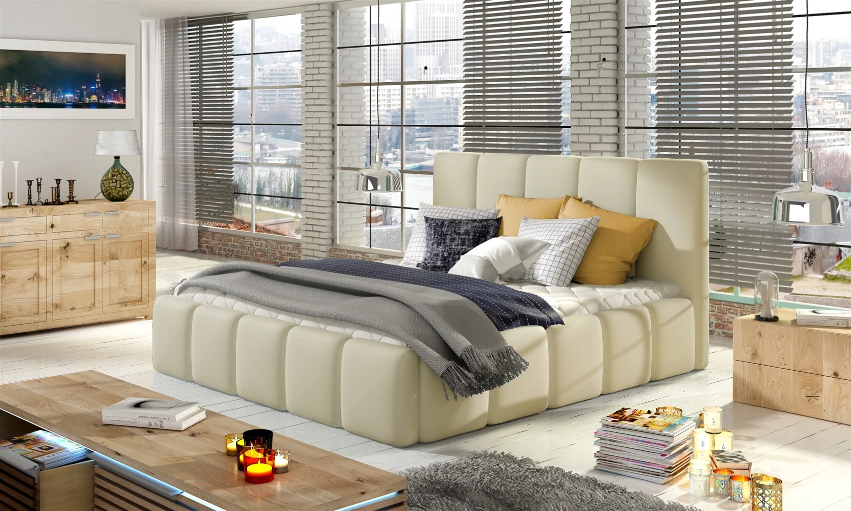 Polsterbett Doppelbett VERONA Set 1 Kunstleder Creme 180x200cm - Fun Moebel