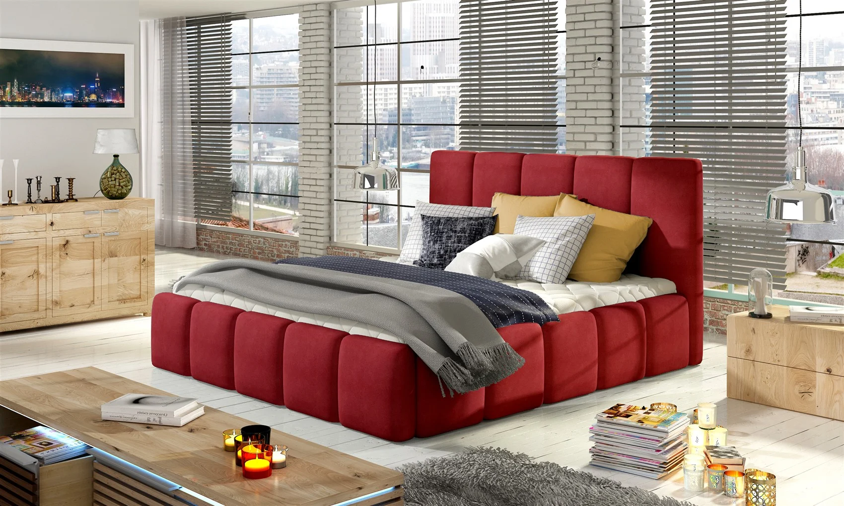 Polsterbett Doppelbett VERONA Set 1 Polyesterstoff Rot 180x200cm - Fun Moebel