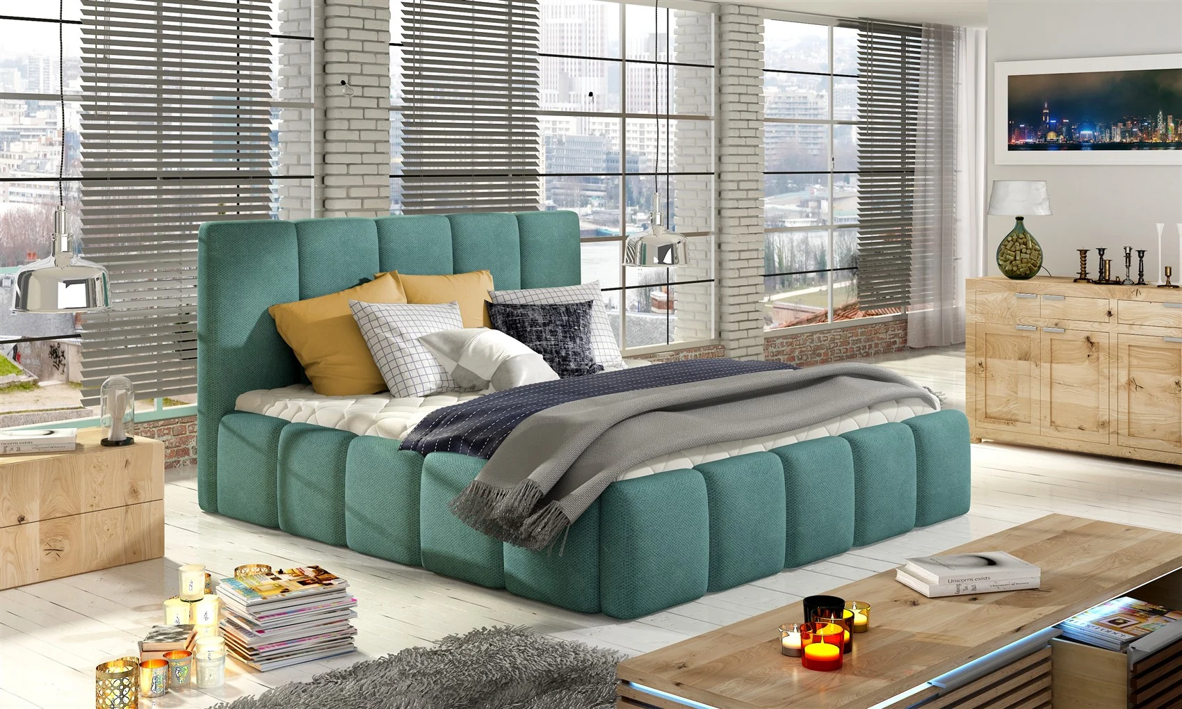 Polsterbett Doppelbett VERONA Set 1 Polyesterstoff Türkis 120x200cm - Fun Moebel