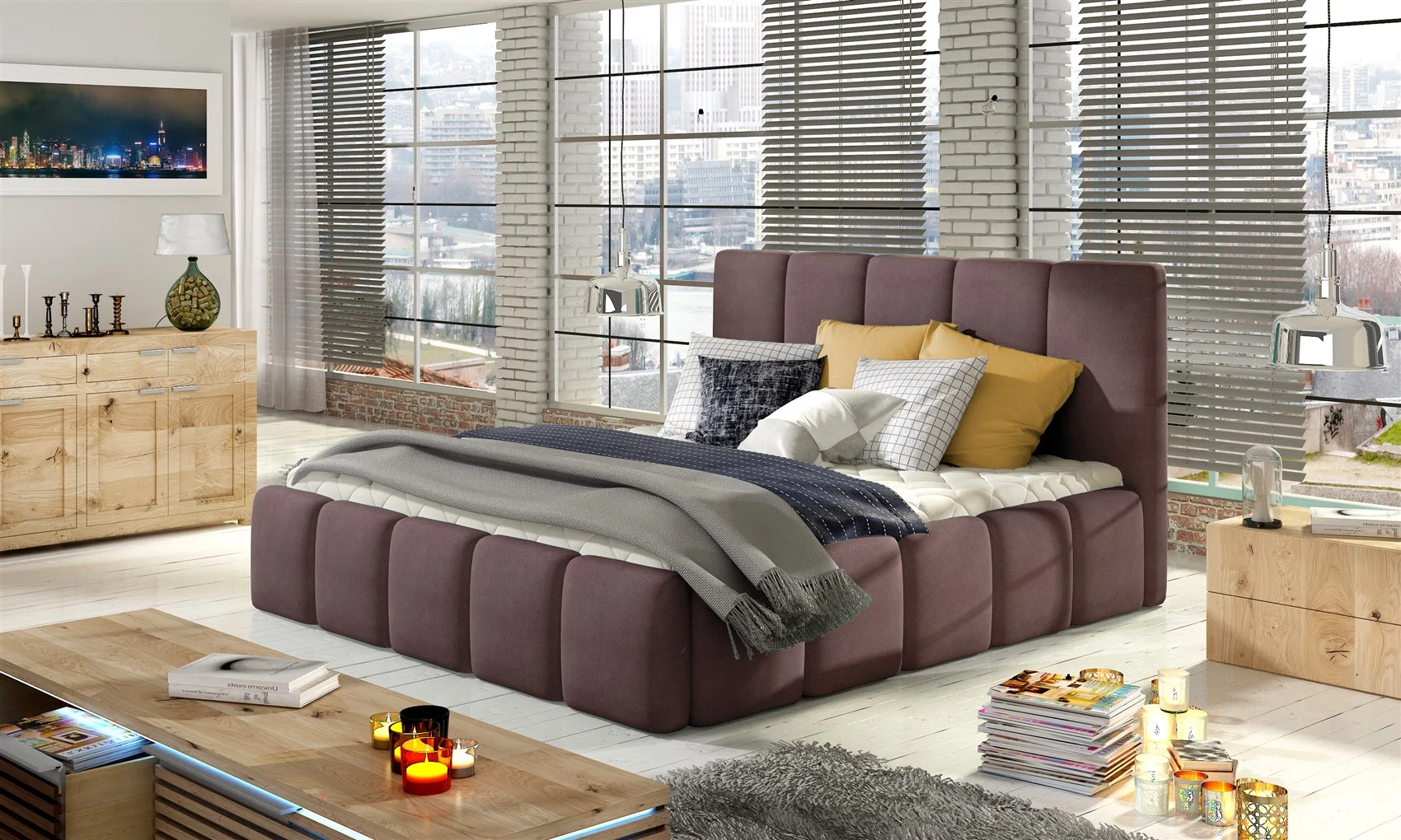 Polsterbett Doppelbett VERONA Set 1 Polyesterstoff Violett 120x200cm - Fun Moebel