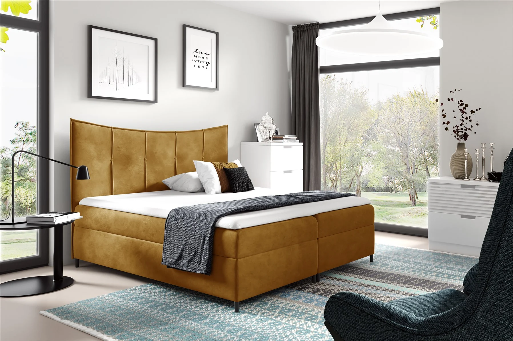 Boxspringbett Schlafzimmerbett FABIEN 160x200cm Gelb inkl. Bettkasten - Fun Moebel
