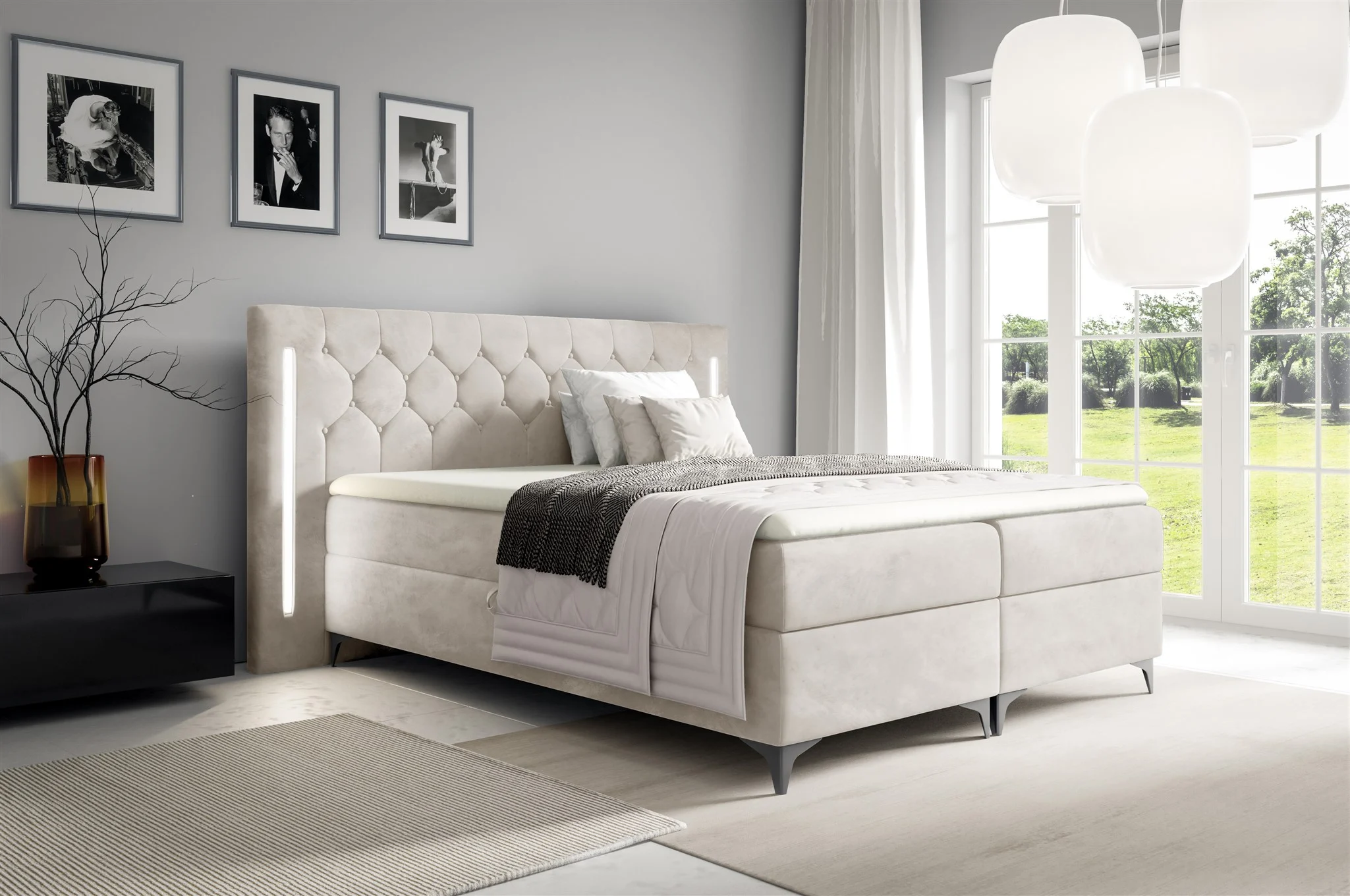 Boxspringbett Schlafzimmerbett ELODIE 120x200cm Creme inkl. Ambiente-LED