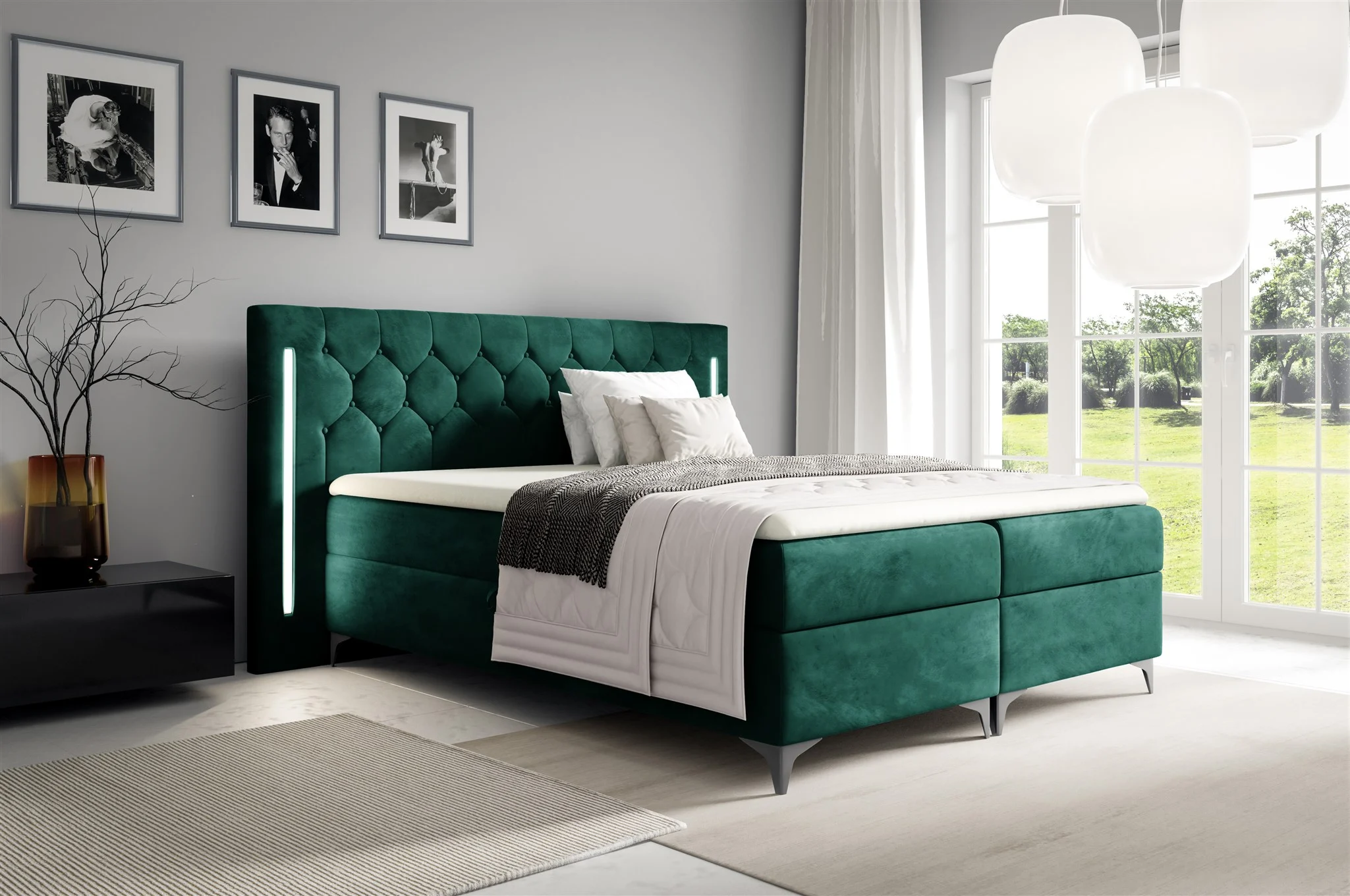Boxspringbett Schlafzimmerbett ELODIE 140x200cm Grün inkl. Ambiente-LED