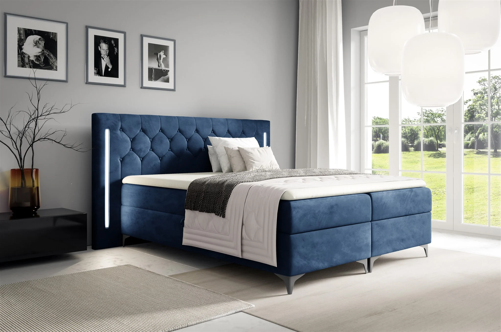 Boxspringbett Schlafzimmerbett ELODIE 120x200cm Dunkelblau inkl. Ambiente-LED