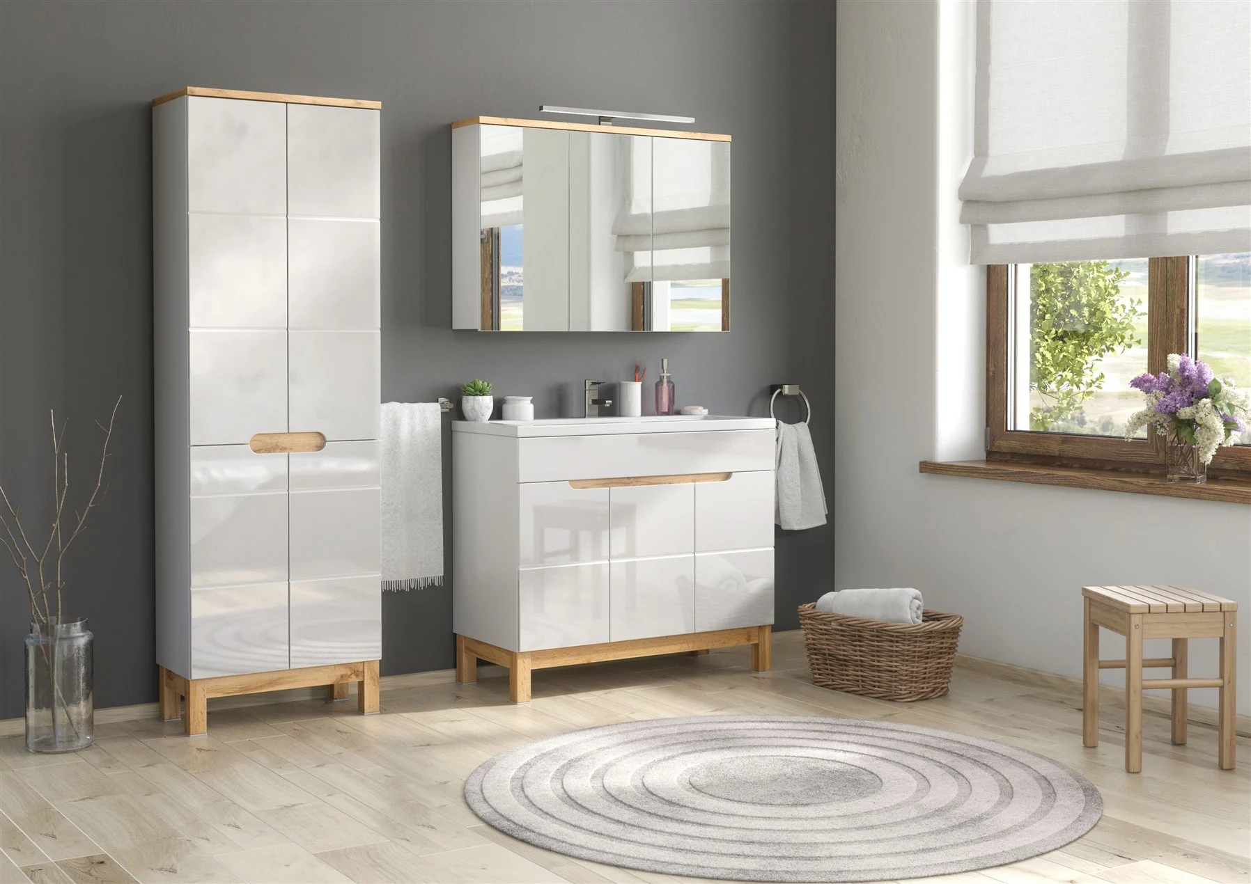 Badmöbel Set 3-tlg Badezimmerset DEVI Weiss HGL inkl.Waschtisch 100 cm