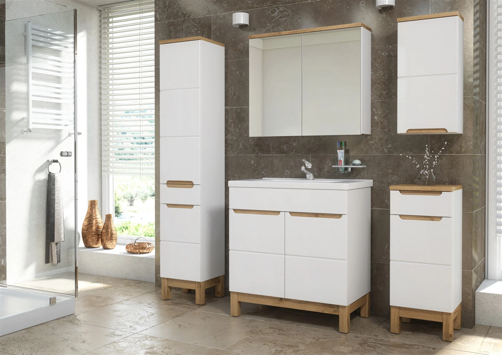 Badmöbel Set 5-tlg Badezimmerset DEVI Weiss HGL inkl.Waschtisch 80 cm