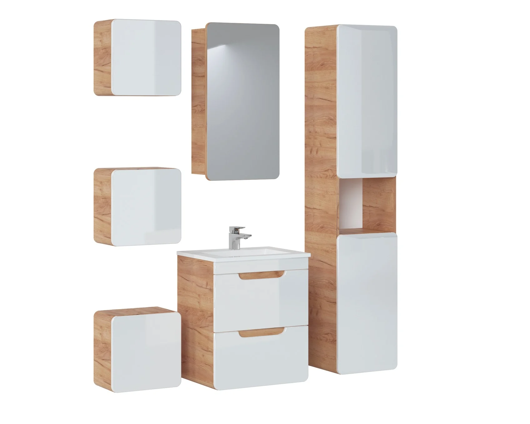 Badmöbel Set 6-tlg Badezimmerset FERMO Weiss HGL inkl. Waschtisch 50cm