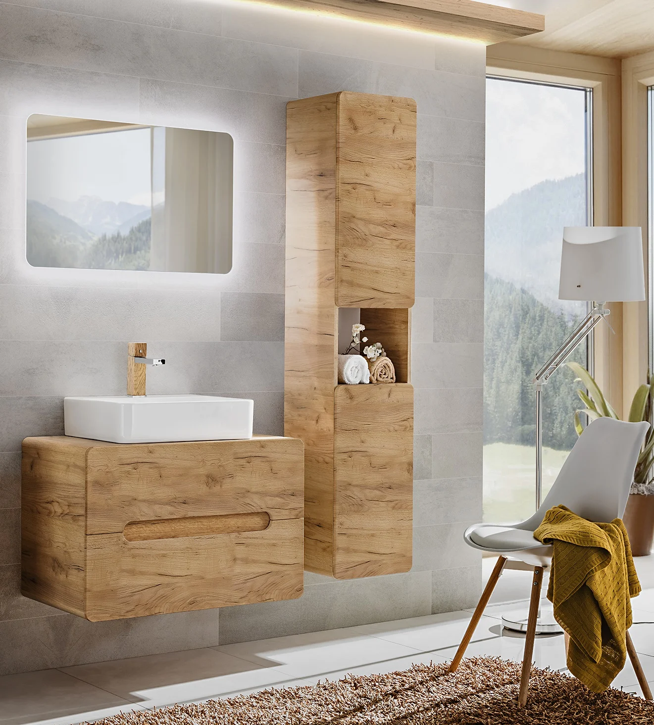 Badmöbel Set 4-tlg Badezimmerset FERMO 80cm Gold Eiche inkl.Waschtisch