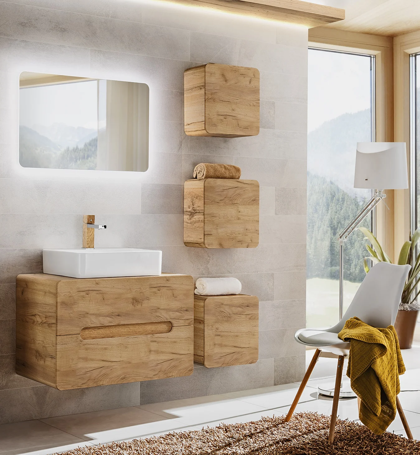 Badmöbel Set 6-tlg Badezimmerset FERMO 80cm Gold Eiche inkl.Waschtisch