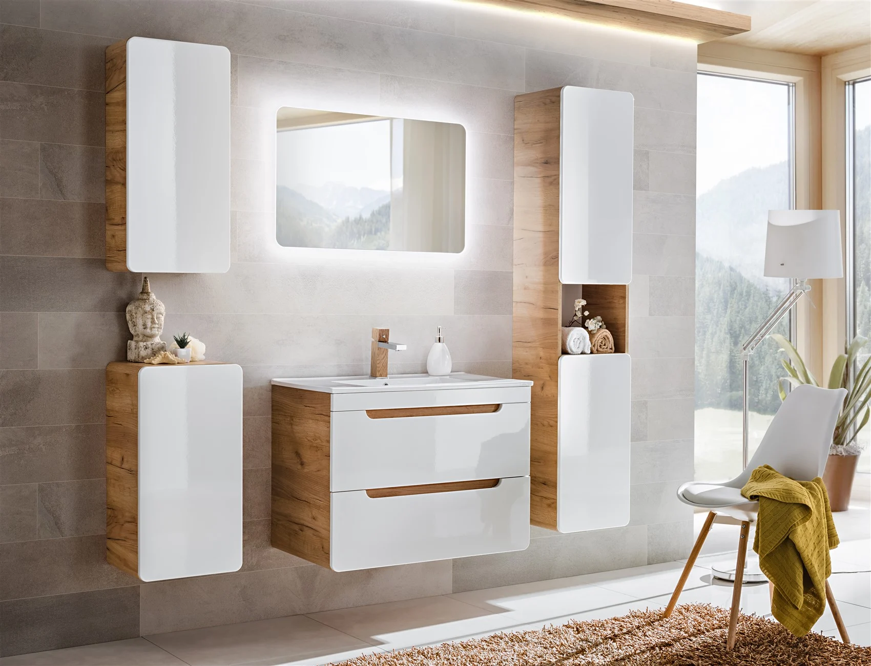 Badmöbel Set 5-tlg Badezimmerset FERMO Weiss HGL inkl.Waschtisch 80cm