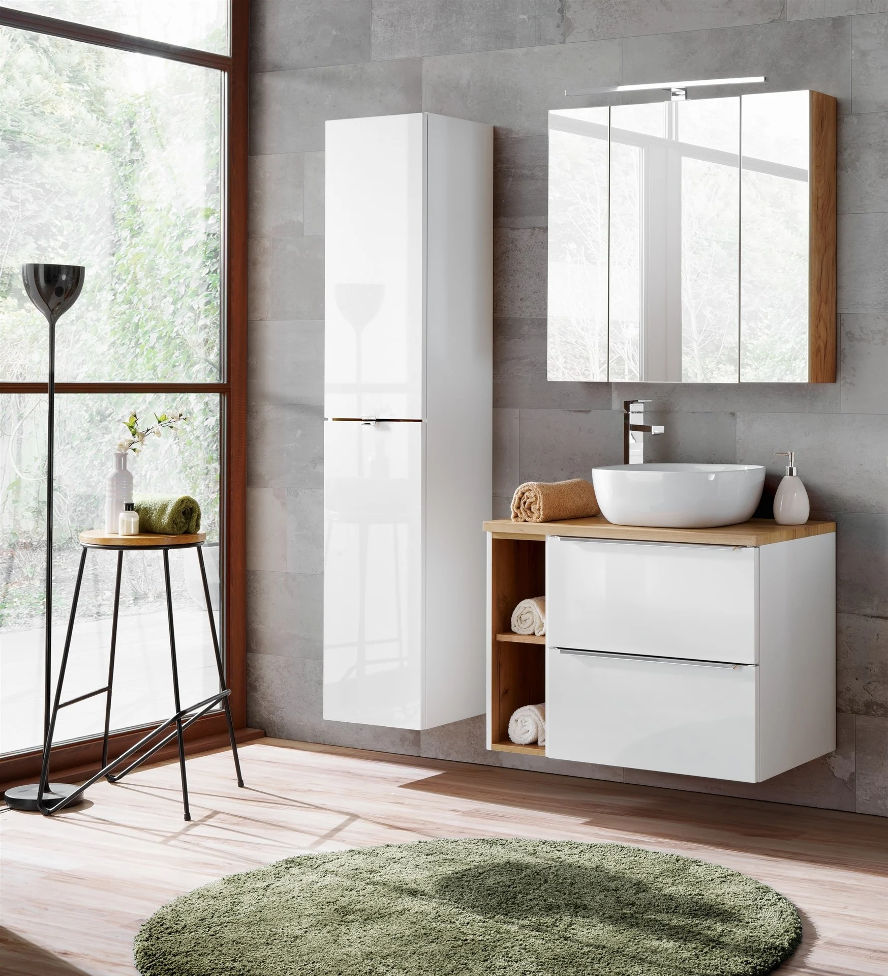 Badmöbel Set 6-tlg Badezimmerset PERUGIA Weiss HGL inkl.Waschbecken