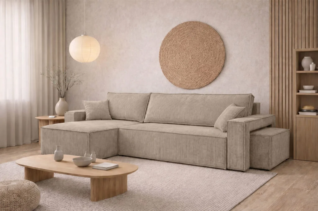 Ecksofa mit Schlaffunktion und Pouf für Wohnzimmer, Cordstoff Poso, BEST L mit Pouf