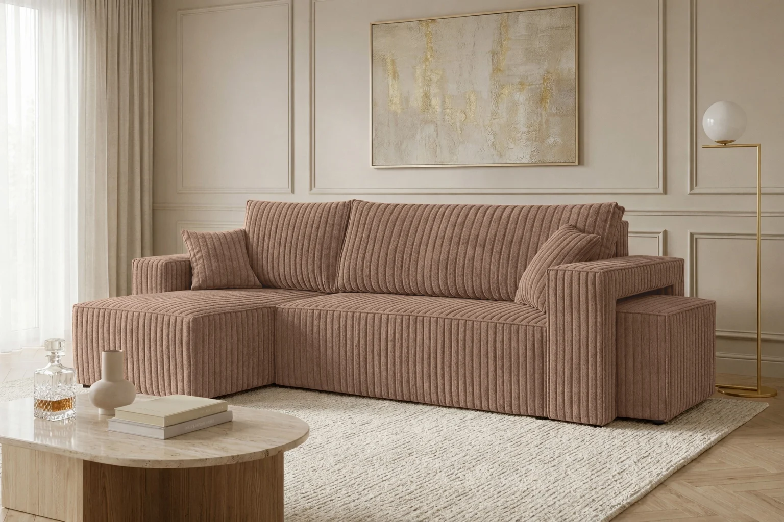 Ecksofa mit Schlaffunktion und Pouf für Wohnzimmer, Cordstoff Tilia, BEST L mit Pouf