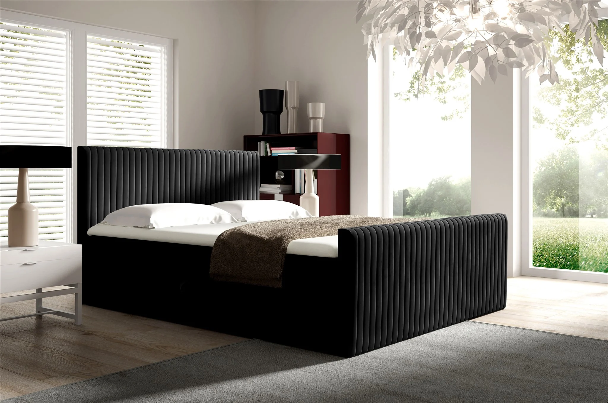 Boxspringbett Schlafzimmerbett ADRIEN 140x200cm in Stoff Fresh Schwarz - Fun Möbel