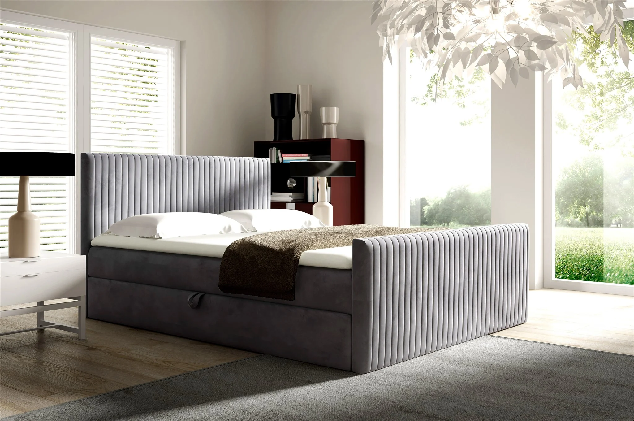 Boxspringbett Schlafzimmerbett ADRIEN 140x200cm in Stoff Fresh Silbergrau - Fun Möbel