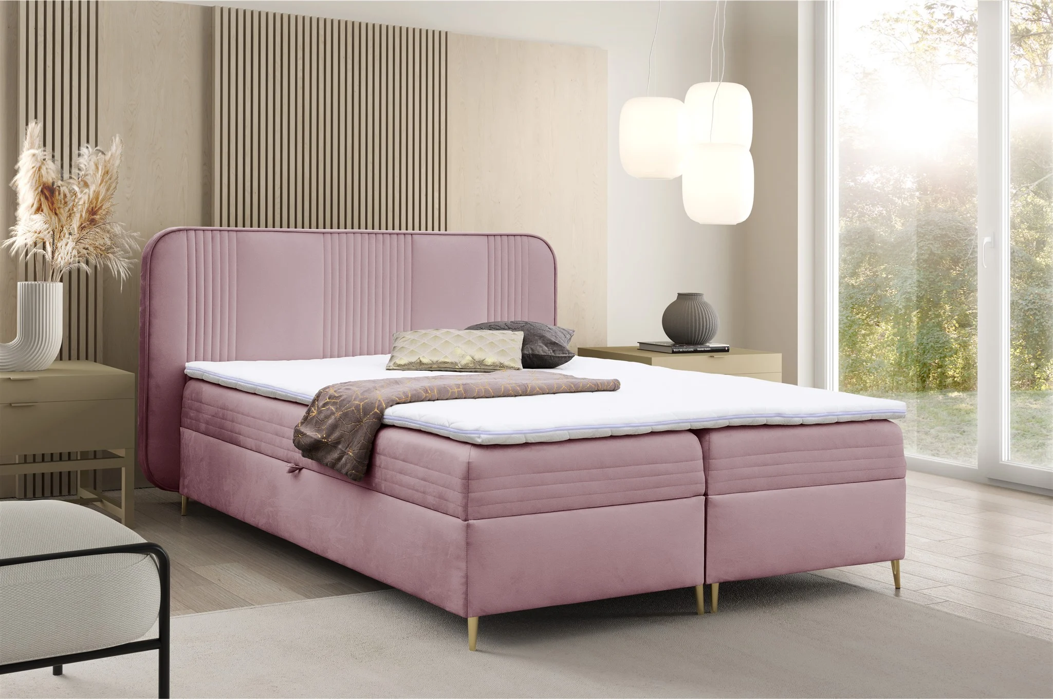 Boxspringbett Schlafzimmerbett ALIZE 160x200cm Stoff Fresh Altrosa - Fun Möbel