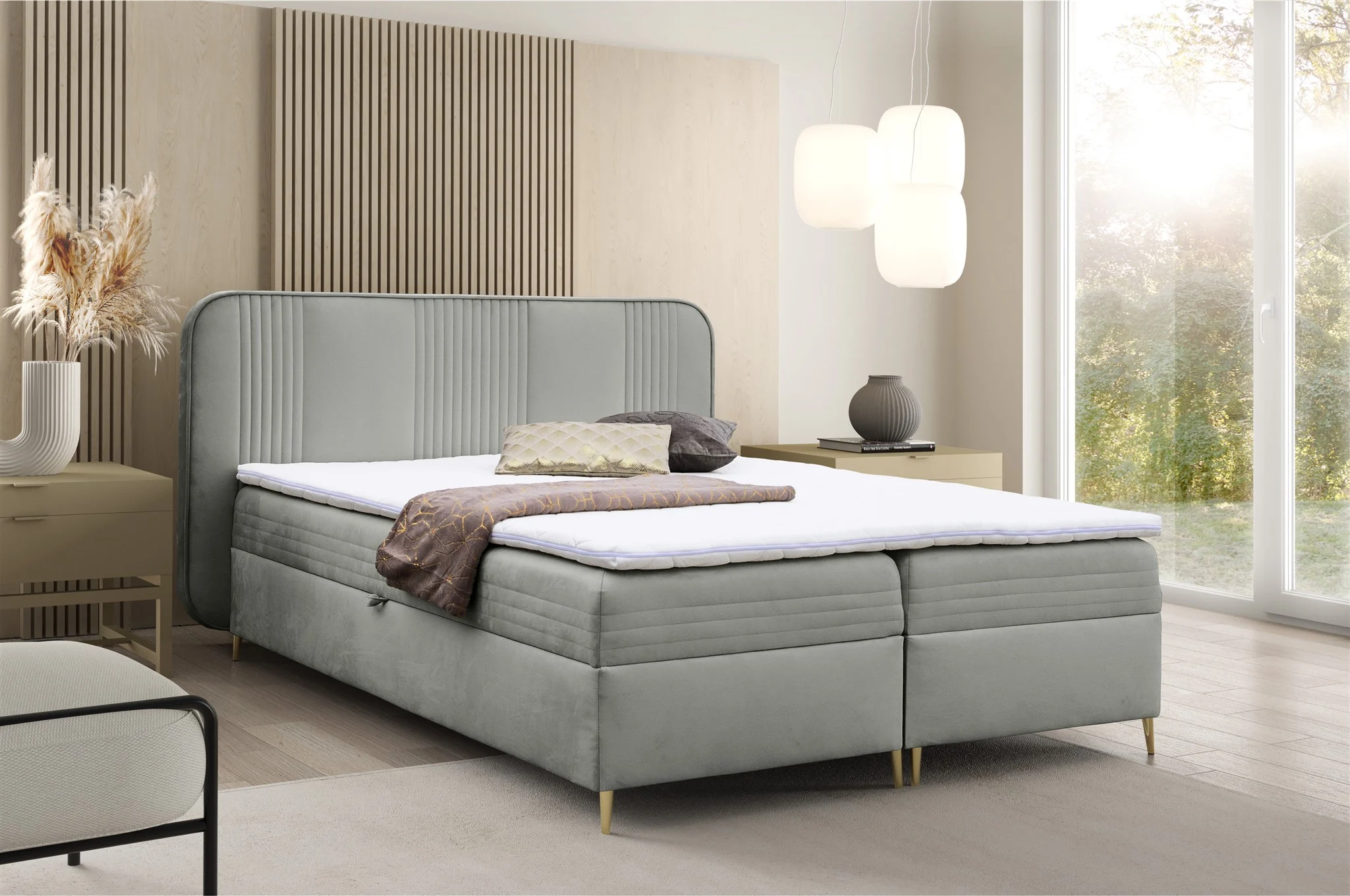 Boxspringbett Schlafzimmerbett ALIZE 180x200cm Stoff Fresh Grau - Fun Möbel