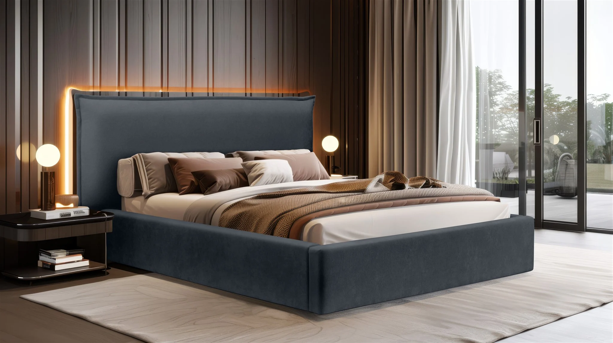 Polsterbett Doppelbett Bett AMADA 140x200cm in Stoff Ditra Dunkelblau - Fun Möbel