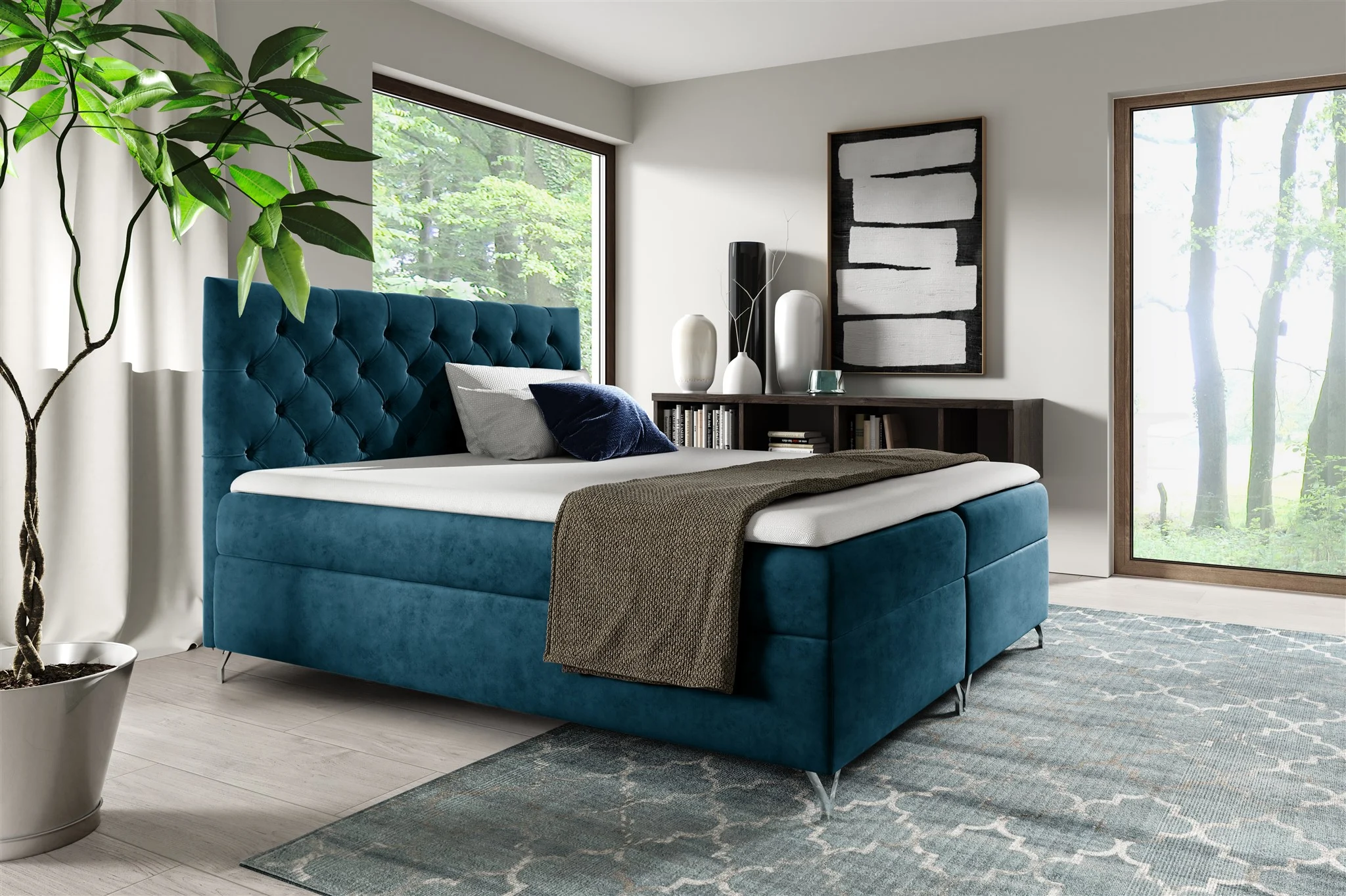 Boxspringbett Schlafzimmerbett AMBRE 120x200cm in Stoff Fresh Blau - Fun Moebel