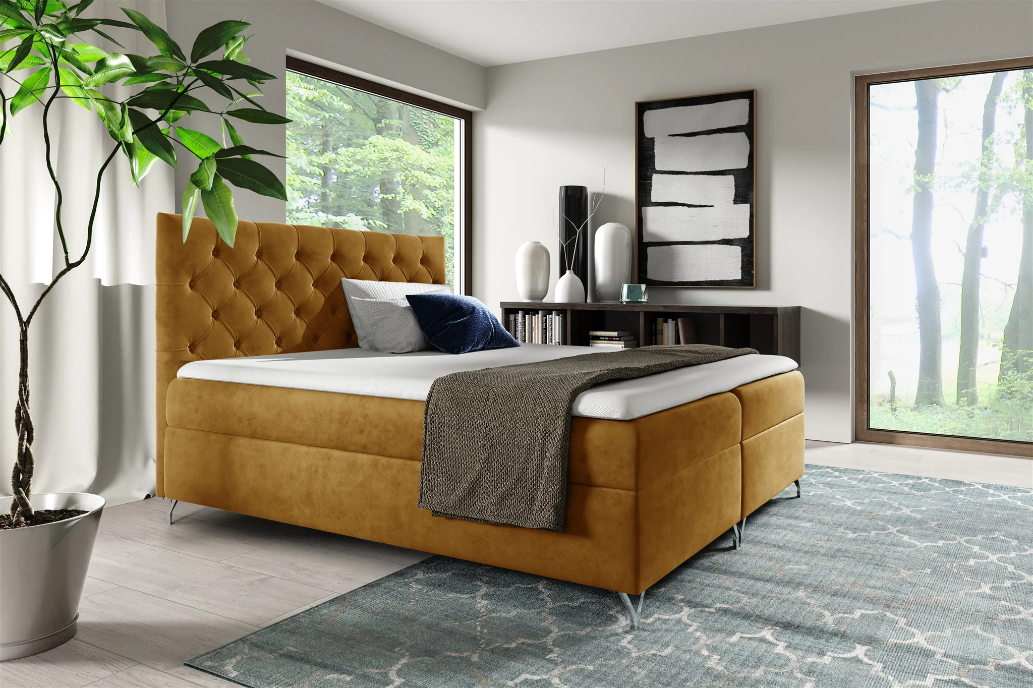 Boxspringbett Schlafzimmerbett AMBRE 140x200cm in Stoff Fresh Senf - Fun Moebel
