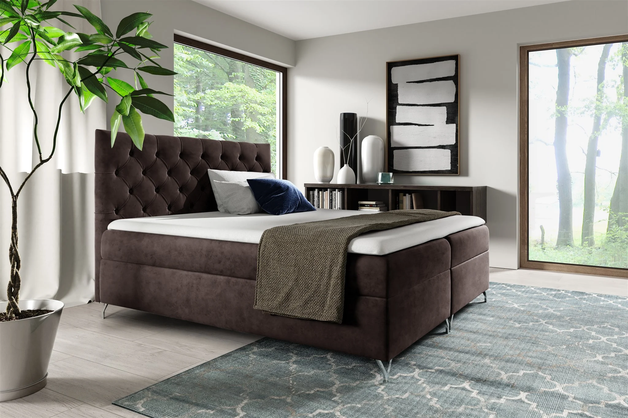 Boxspringbett Schlafzimmerbett AMBRE 120x200cm in Stoff Fresh Schokobraun - Fun Moebel
