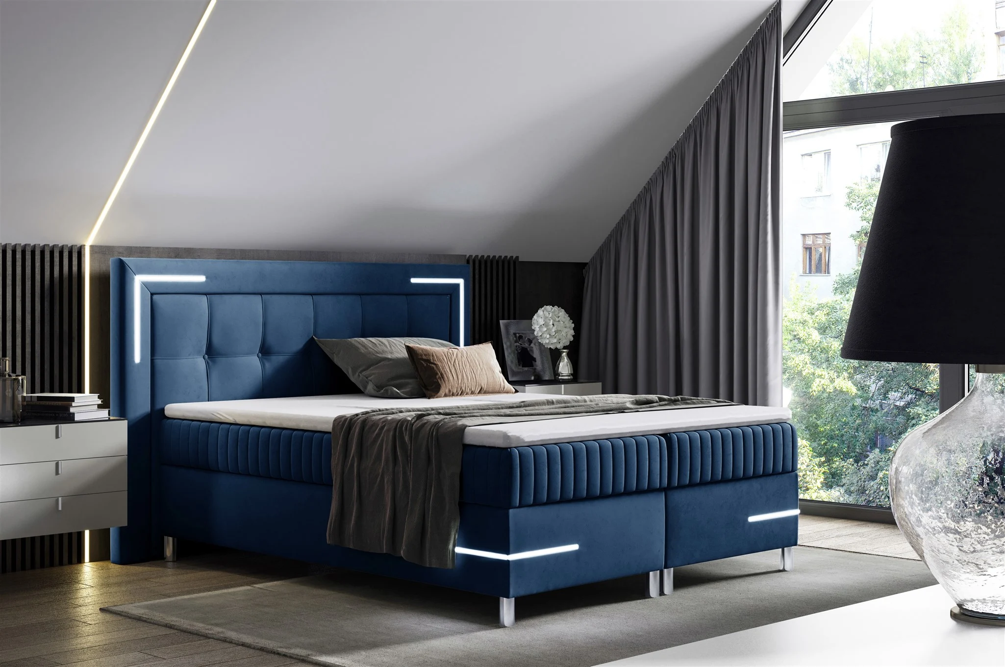 Boxspringbett Schlafzimmerbett 120x200cm AMORE Nr.1 Dunkelblau inkl. LED-Beleuchtung