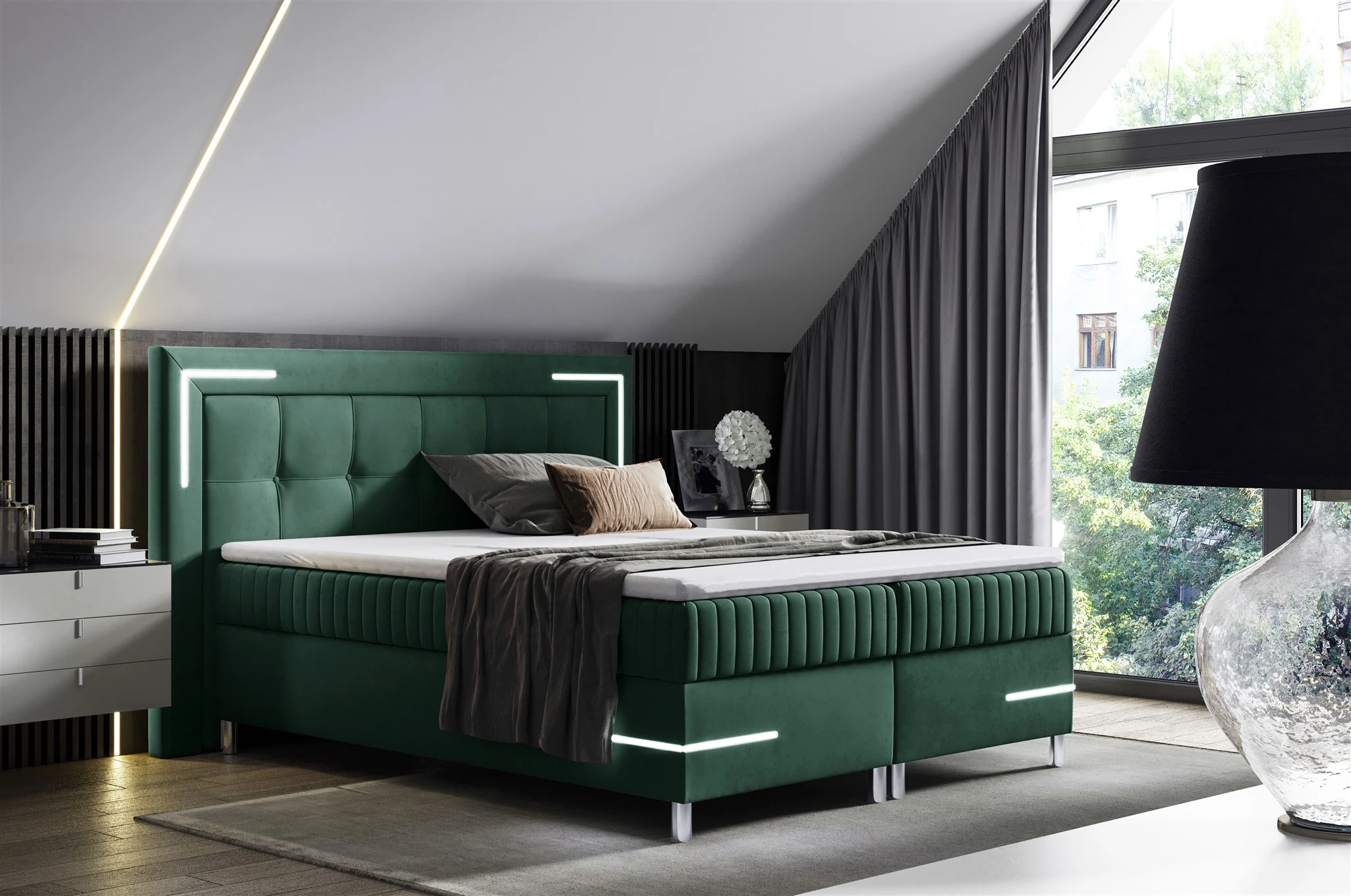 Boxspringbett Schlafzimmerbett 200x200cm AMORE Nr.1 Grün inkl. LED-Beleuchtung