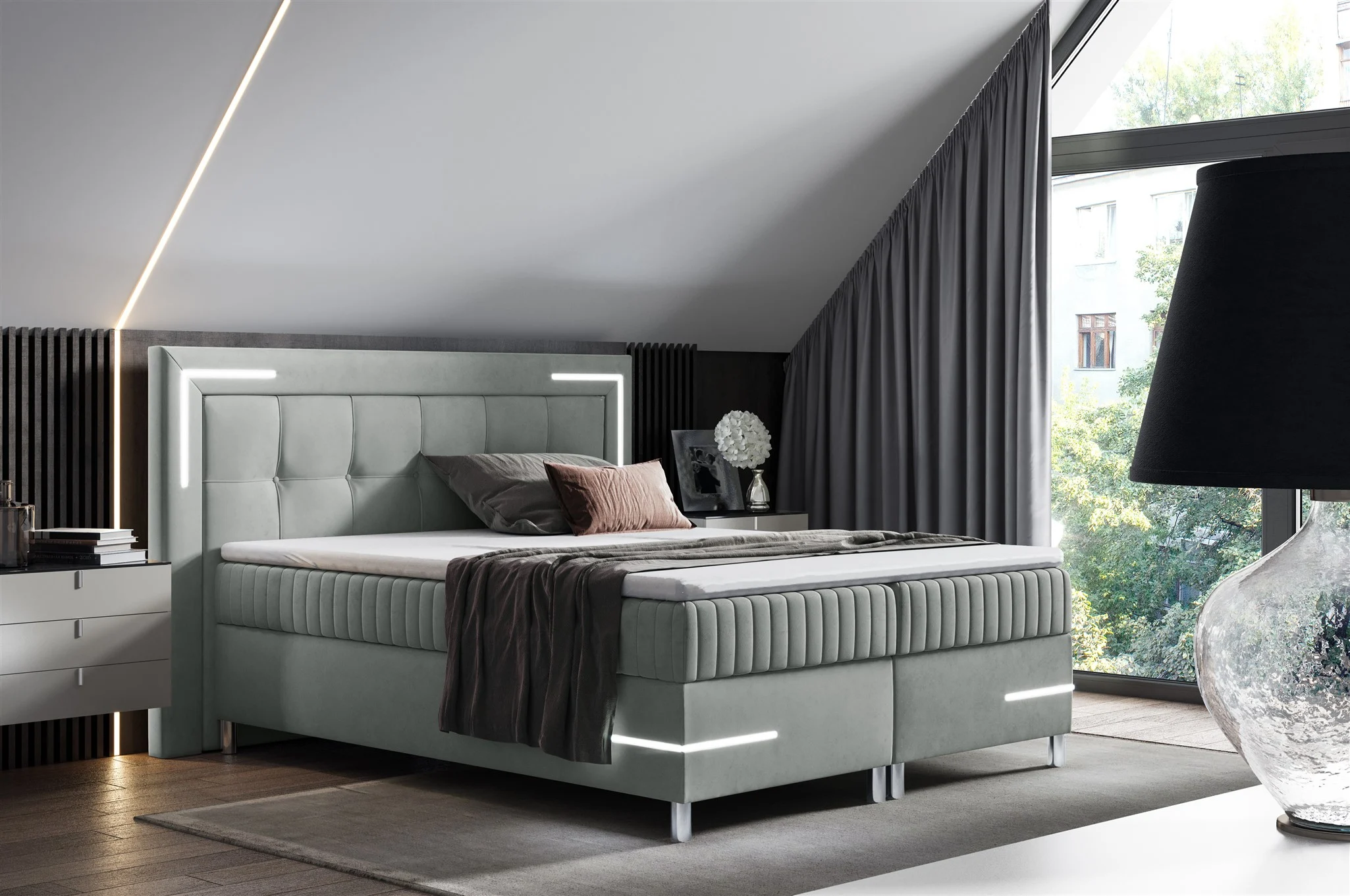 Boxspringbett Schlafzimmerbett 120x200cm AMORE Nr.1 Silbergrau inkl. LED-Beleuchtung