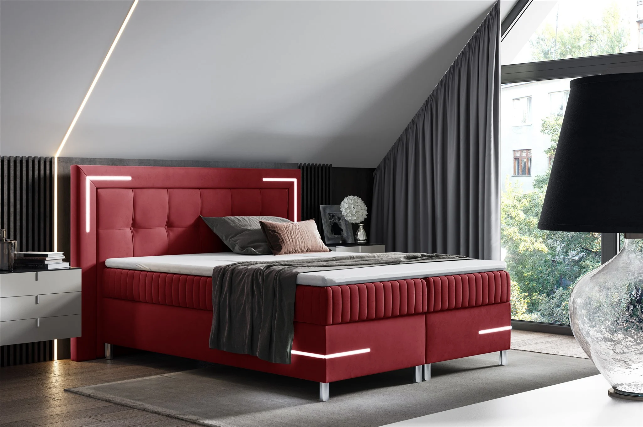 Boxspringbett Schlafzimmerbett 120x200cm AMORE Nr.1 Rot inkl. LED-Beleuchtung