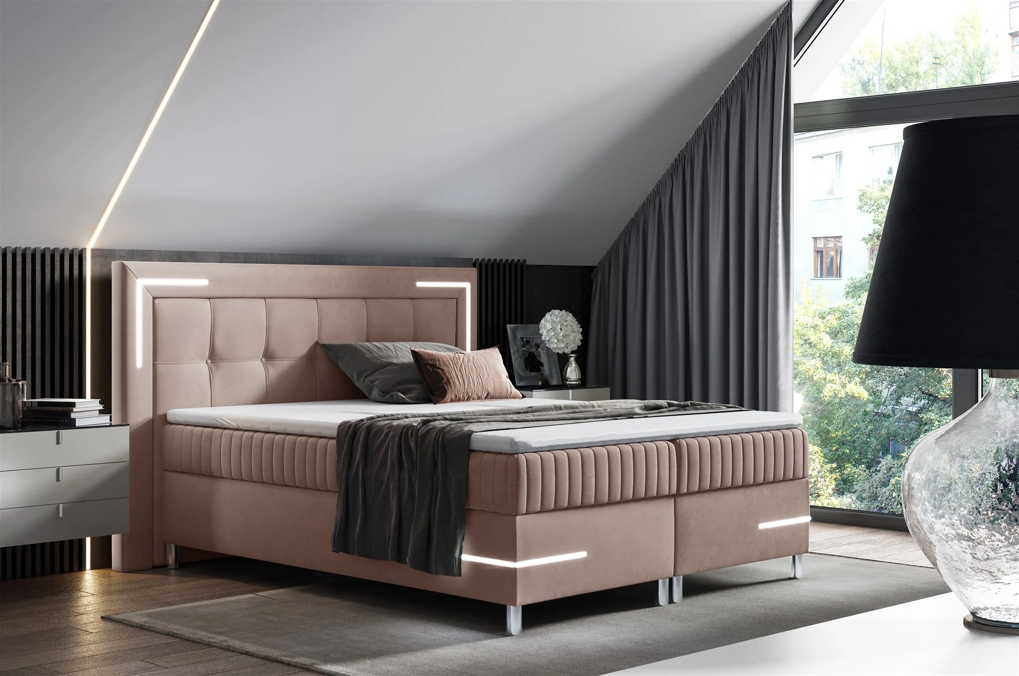 Boxspringbett Schlafzimmerbett 200x200cm AMORE Nr.1 Altrosa inkl. LED-Beleuchtung