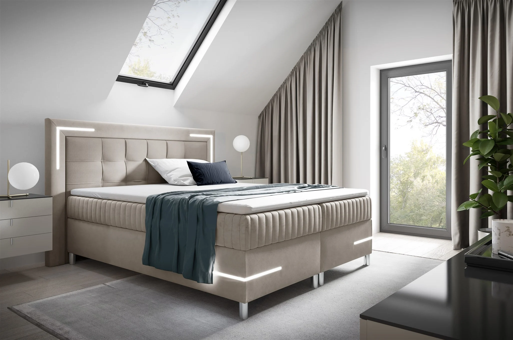 Boxspringbett Schlafzimmerbett 120x200cm AMORE Nr.2 Beige inkl. LED-Beleuchtung