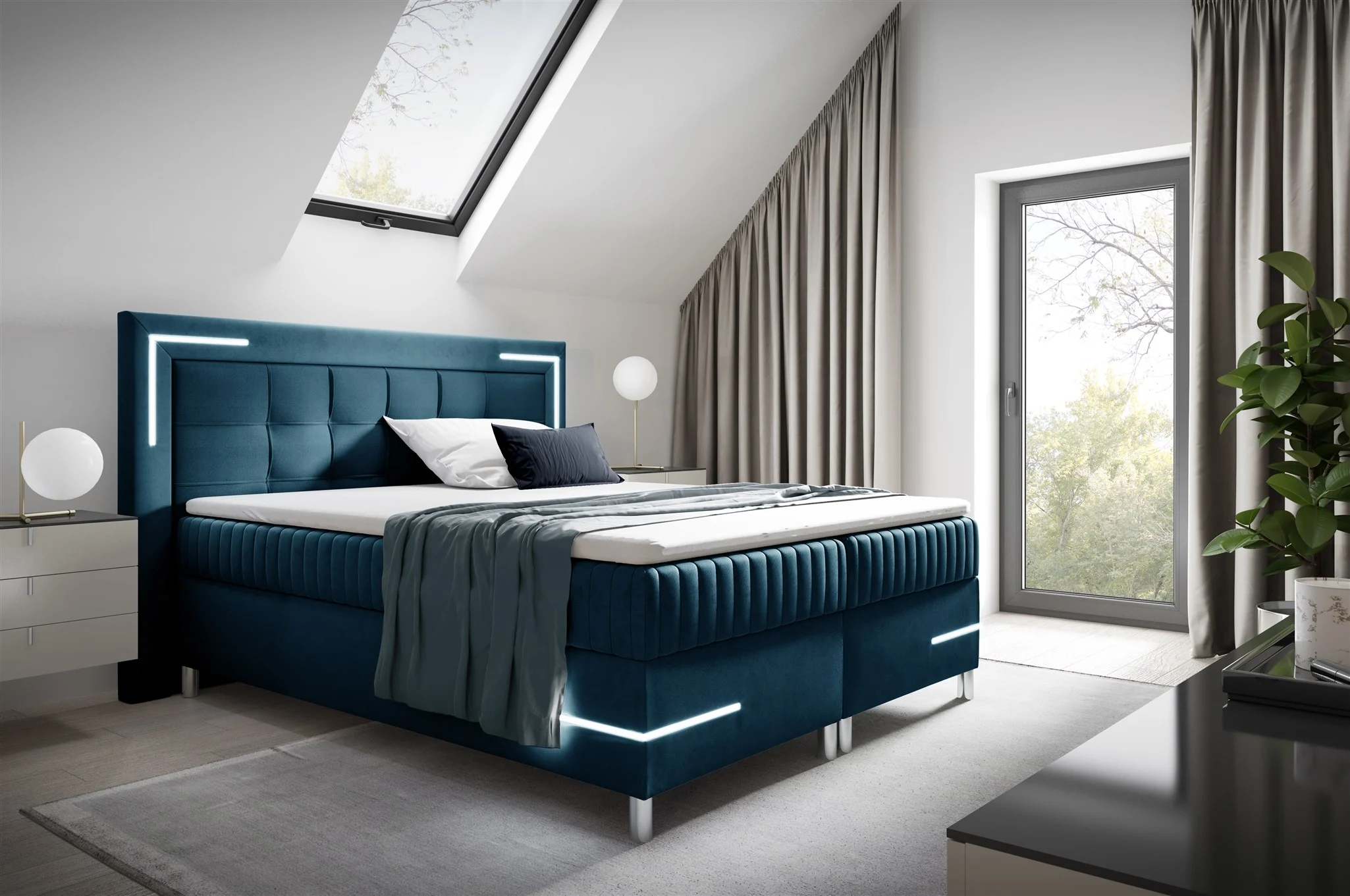 Boxspringbett Schlafzimmerbett 160x200cm AMORE Nr.2 Dunkelblau inkl. LED-Beleuchtung