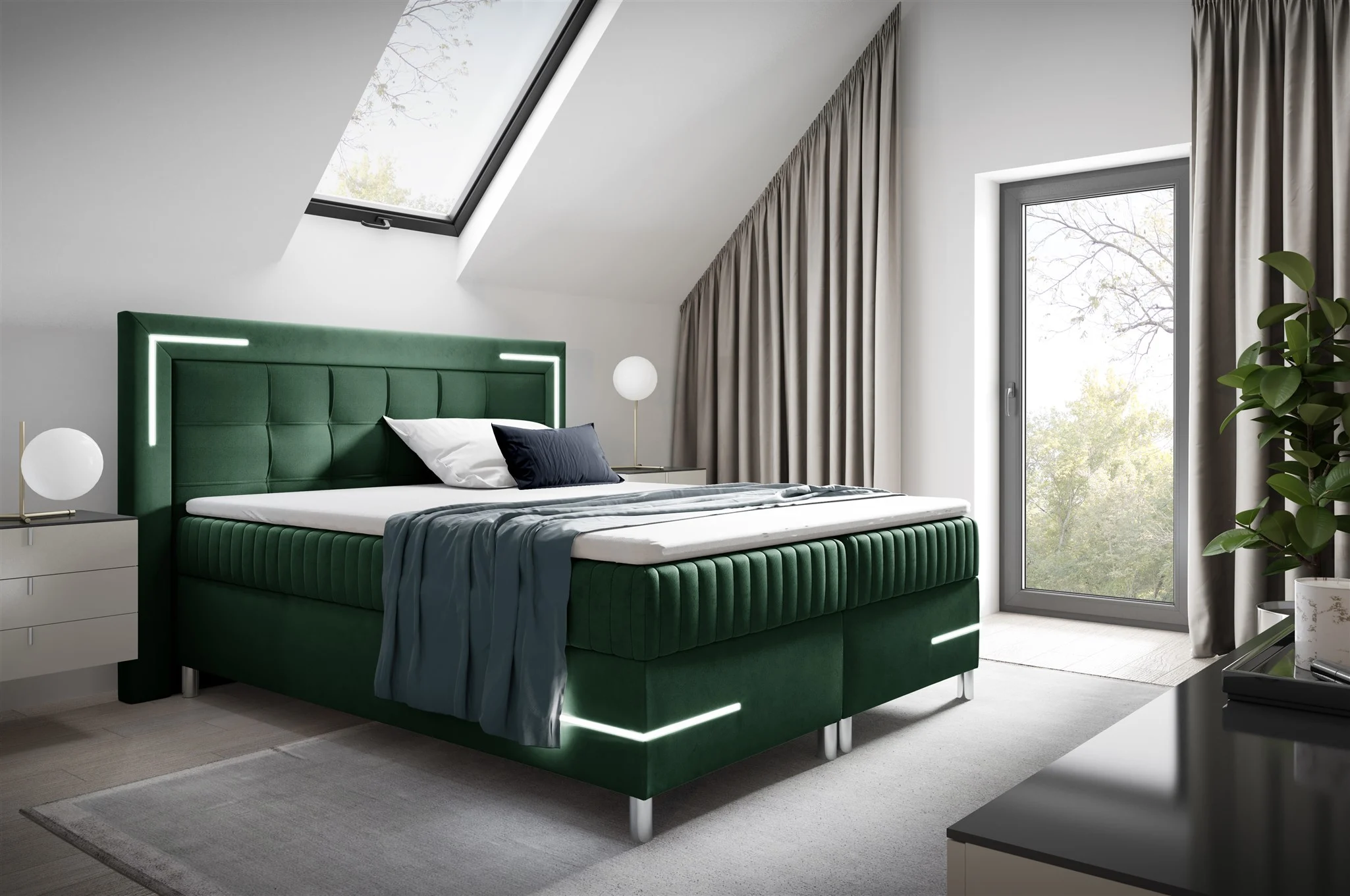 Boxspringbett Schlafzimmerbett 120x200cm AMORE Nr.2 Grün inkl. LED-Beleuchtung