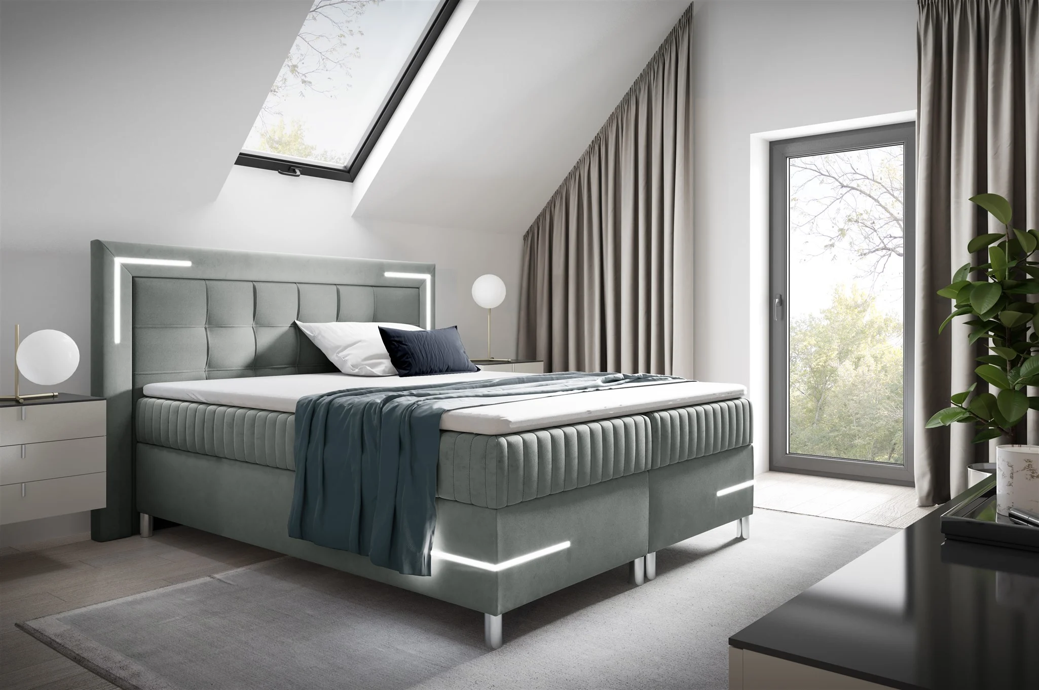 Boxspringbett Schlafzimmerbett 200x200cm AMORE Nr.2 Silbergrau inkl. LED-Beleuchtung